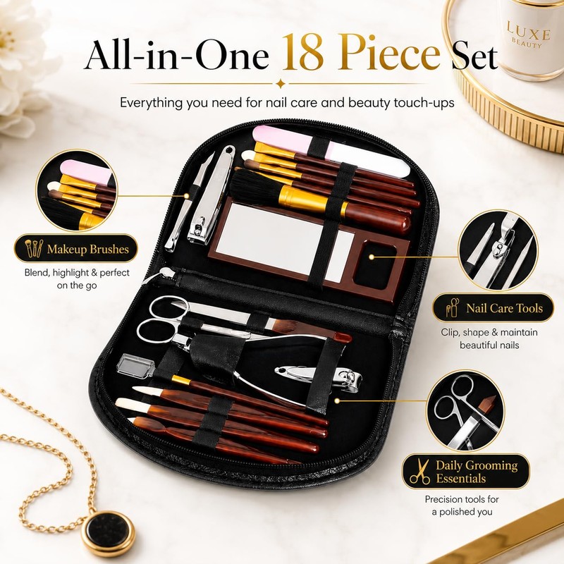 18 Piece Ladies Manicure & Makeup Set in Black Zipped