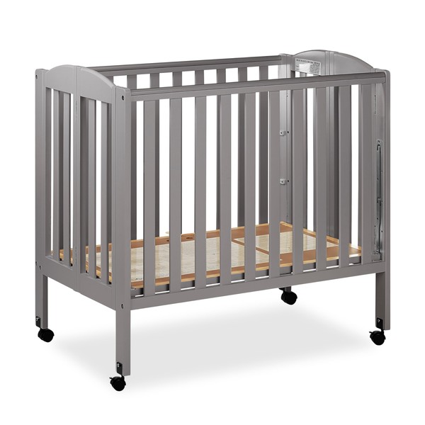 Dream On Me 3 in 1 Portable Folding Stationary Side Crib in Steel Grey, Greenguard Gold Certified, Safety Wheels with Locking Casters, Convertible, 3 Mattress Heights