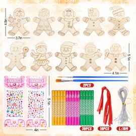 Whaline 10 Packs Christmas Wind Chime Kit Unfinished Gingerbread Man DIY Coloring Wooden Crafts Xmas Make You Own Hanging Ornaments with Painting Brush for Home Party Decoration
