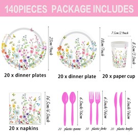 140 Pcs Wildflower Plates and Napkins Party Supplies, Floral Paper Plates Napkins Wildflower Baby Shower Decorations Tableware for Spring Summer Picnic Wedding Birthday Tea Party Serves 20