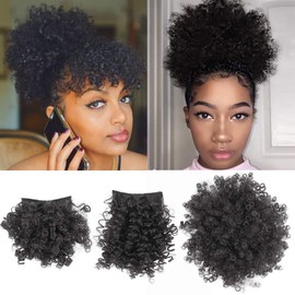 Allyreetress Afro Puff Drawstring Ponytail with Bangs Pineapple Updo Hair for Black Women,Short Kinky Curly Ponytail Bun with 2 Replaceable Bangs(#1B-Black)