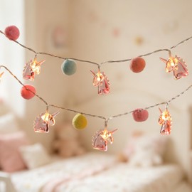 9.85FT Unicorn String Lights with 20 LED PomPoms | Battery Operated Fairy Lights with Remote & Timer | Pink Cute Night Light for Bedroom Kids Playhouse Graduation Birthday Party Baby Shower, Rainbow