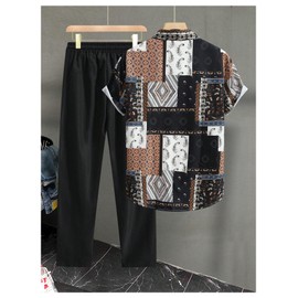 VIPWOLF Men's 2 Piece Outfit Paisley Button Down Shirts and Drawstring Waist Pants Tracksuits Brown and Black X-Large