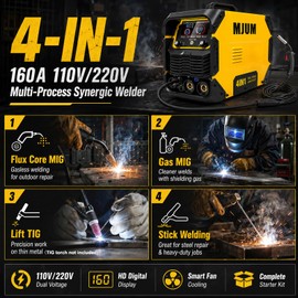 MJUM 160A 4-in-1 Welding Machine: 110V/220V Dual Voltage MIG Welder with Smart Synergic Control, Flux Core/Gas MIG/Lift TIG/Stick Welder, IGBT Inverter HD Display for Home Repair Auto Fabrication