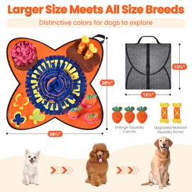 HOMAGICO Snuffle Mat for Dogs Large Breeds 28''X28'' Dog Snuffle Mat with Dog Leash, Nosework Interactive Sniffing Mat for Dogs Cats Rabbits, Slow Feeding Mat for Foraging and Stress Relief, Orange