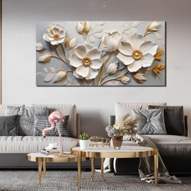 AOZEMI White Flowers Wall Art Floral Pictures Art Botanical Canvas Plant Prints Gold Wall Decor for Living Room Bedroom 24x48