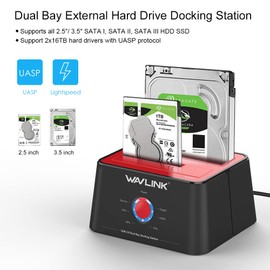WAVLINK USB 3.0 to SATA I/II/III Dual-Bay External Hard Drive Docking Station for 2.5/3.5 Inch HDD/SSD with UASP(6Gbps) /Offline Clone Duplicator Function (2x16TB), (Update, Red Product,Black Package)