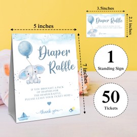 Baby Shower Diaper Raffle Game Set - Blue Elephant 1 Standing Sign & 50 Diaper Raffel Tickets - Baby Announcement, Gender Reveal Party Activities & Decorations For Boys, Girls - A08