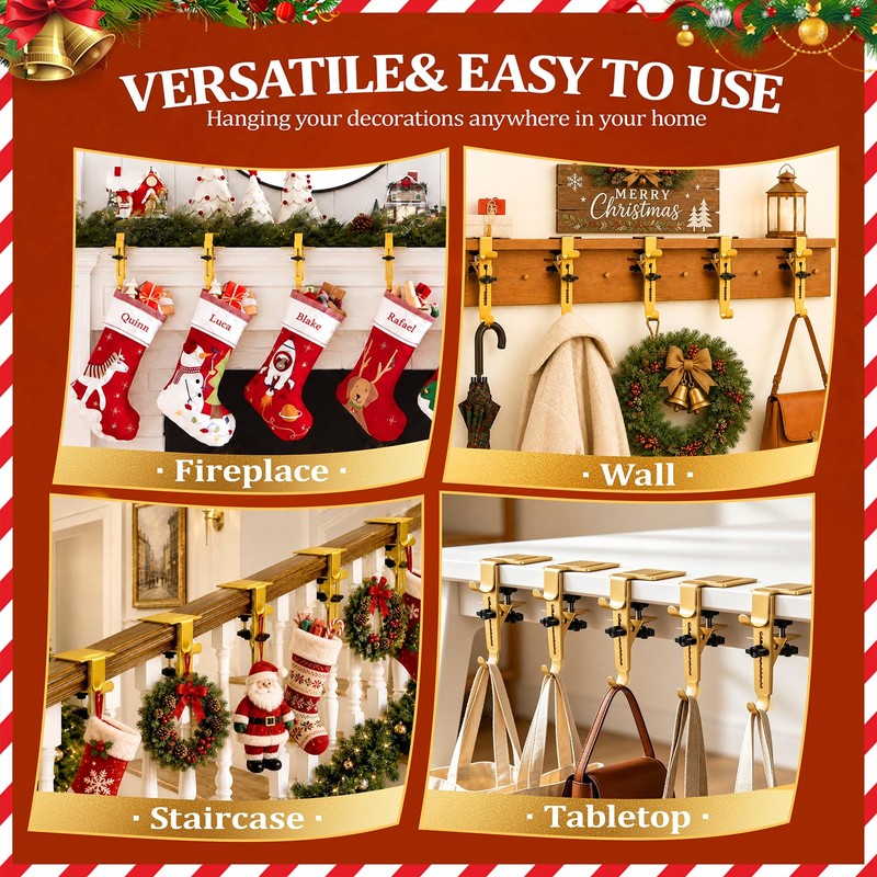 6Pcs Christmas Fireplace Stocking and Garland Hanger Fits 0.87-4.1" Mantle