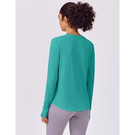 PINSPARK Soft Long Sleeve UV Blocking Tops with Thumb Holes Curved Hem Moisture Wicking Shirts for Beach Hiking Fishing Running Camping,Teal X-Large