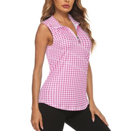 Koscacy Women's Sleeveless Golf Tennis Polo Shirts Zip Up Dry Fit Workout Tank Tops Houndstooth Pink Medium