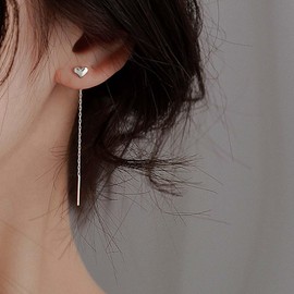 Boho Tiny Heart Threader Earrings Gold Silver Small Heart Stud Pull Through Earrings Thread Long Chain Tassel Dainty Line Bar Dangle Cute Mini Love Chain Drop Simple Delicate Minimalist Jewelry Women