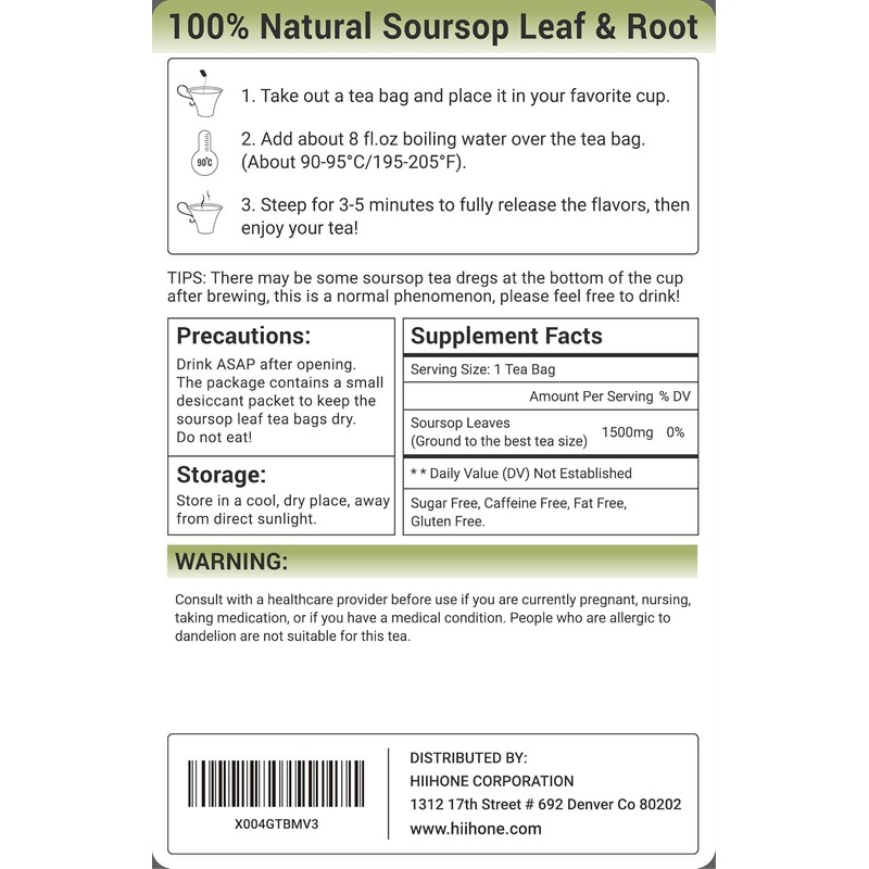 Soursop Leaf Herbal Tea (Graviola) - Caffeine & Sugar Free,