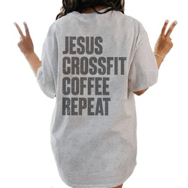 Jesus Crossfit Coffee Repeat Shirt - Christian Gym Tee, Back Print Workout Tshirt, Gym Girl Top M Ash