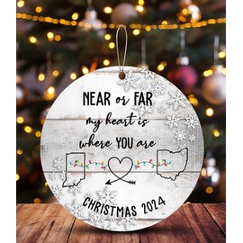 Indiana Ohio Ornaments Long Distance Near or Far My Heart Love No Distance Christmas Ornaments MDF 3'' White
