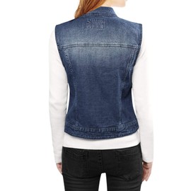 Allegra K Women's Buttoned Washed Denim Vest Jacket W Chest Flap Pockets Large Dark Blue