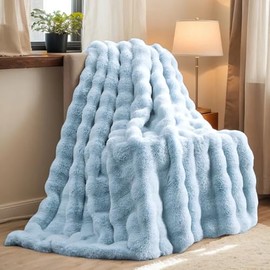 H&D Faux Fur Throw Blanket for Couch,Fluffy Cozy Soft Plush Luxury Thick Fuzzy Fleece Blanket for Couch Bed Sofa Bedroom Living Room,Comfy Bubble Blanket (LIGHTBLUE, Full (70"x80"))