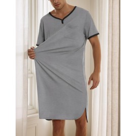 Men's Night Shirts for Sleeping Henley Neck Nightshirt Short Sleeve Big and Tall Loose Kaftan Night Shirts Sleepwear Grey