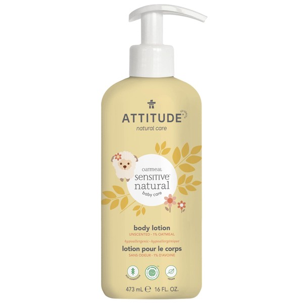 ATTITUDE Body Lotion for Baby with Sensitive Skin, EWG Verified, Plant and Mineral-Based Ingredients, Vegan and Cruelty-free Personal Care Products, Hypoallergenic, Enriched with Oat, Unscented, 473 ml