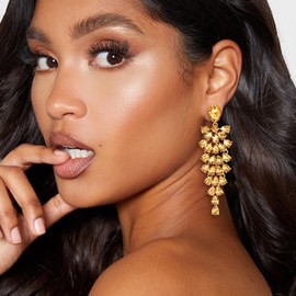 BriLove Women's Wedding Bridal Dangle Earrings for Party Prom Crystal Multi-Layer Teardrop Cluster Bling Earring Champagne Gold-Toned