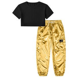 Betusline Girls Clothes 2 Piece Set, Black Cute Short Sleeve Crop Tops + Light Gold Cargo Jogger Pants Clothes, 9-10 Years = Tag 150