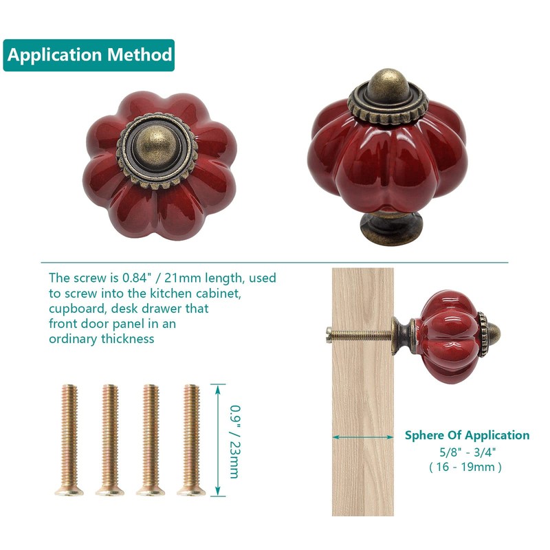 Seimneire 4pcs Rust Red Pumpkin Knobs, Vintage Ceramic Cabinet Knobs,