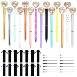 Chostky 14 x Crystal Diamond Pens, Retractable Metal Rhinestone Pen, Bling Ballpoint Pen with 14 Pieces Black Ink Refills and 14 Pieces Drawstring Pen Bags for School Supplies
