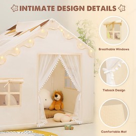 PIIKAGO Kids Play Tent with Mat - Kids Tent Indoor with Star Lights and Flags, Toddler Tent for Kids Ages 3-8, Toddler Playhouse for Girls Boys, 57" x 35" x 47" (Beige)