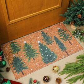 Dunzy Snowy Forest Outdoor Mat Green Christmas Tree Imitation Coir Welcome Doormats Farmhouse Front Non-Slip Mat Xmas Winter Seasonal Rugs Decor for Indoor Outdoor Home Entrance Porch