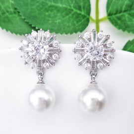 Hiqmic 925 Sterling Silver Snowflake Zirconia Pearl Dangle Drop Ear Stud Earrings White Gold Plated Fashion Women Jewelry Gift, WK90052