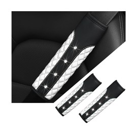 BELOMI 2PCS Bling Car Seat Belt Covers, Leather Vehicle Shoulder Pad Cushions, Sparkling Rhinestone Auto Seatbelt Strap Protective Covers for Women Girls, Universal for Most Cars（White）