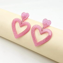 Pink Heart Earrings for Women Dangling Acrylic Glitter Double Hearts Drop Earrings Valentine's Day Hot Pink Earrings for Lovers Couples (C-Glitter Pink Heart)