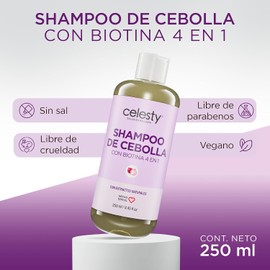 CELESTY Shampoo sin Sulfatos y Parabenos - Shampoo De Cebolla Con Biotina Antioxidante Sin Sal - Vegano Ideal para el Cuidado del Cabello Limpio y Saludable - Para Todo Tipo de Cabello 250ml