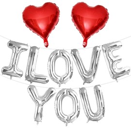 16 Inch Silver I LOVE YOU Red Heart Balloons, 10 Pcs Silver I LOVE YOU Letters Balloons Red Heart Valentine's DAY Balloons Banner for Valentine's DAY Wedding Ceremonies Party Decorations I LOVE YOU