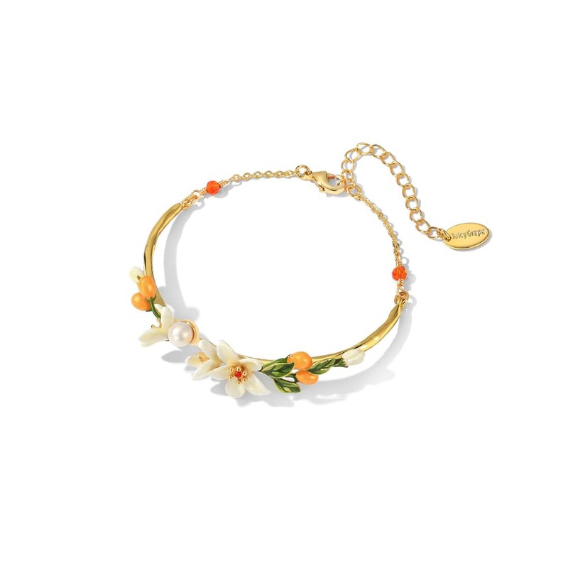 Kaipink Orange Blossom Flower Kumquat Pearl Enamel Bracelet Jewelry Gift