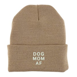 Trendy Apparel Shop Dog Mom Af Embroidered Made in USA Cuff Folded Acylic Knit Winter Beanie Hat - Khaki
