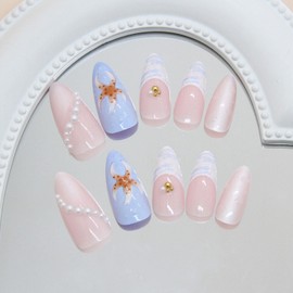 Blue French Tip Press on Nails Summer Beach 3D Gold Mini Rhinestone Fake Nails White Floral Starfish Designs Full Cover Reusable Artificial Gradient False Nails for Women Summer DIY Manicure 25 Pcs