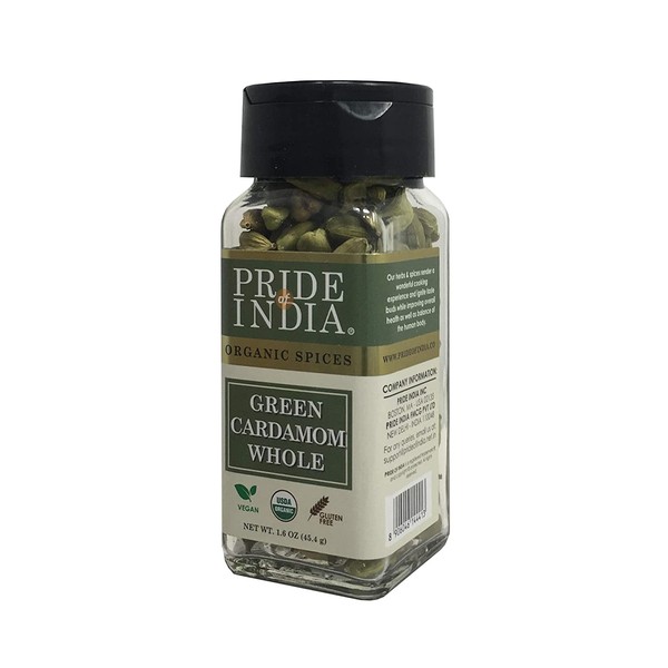 Pride Of India - Organic Green Cardamom Whole- 1.3 oz (37 gm) Dual Sifting Jars - Authentic Indian Green Pods - Best added to Rice, Tea