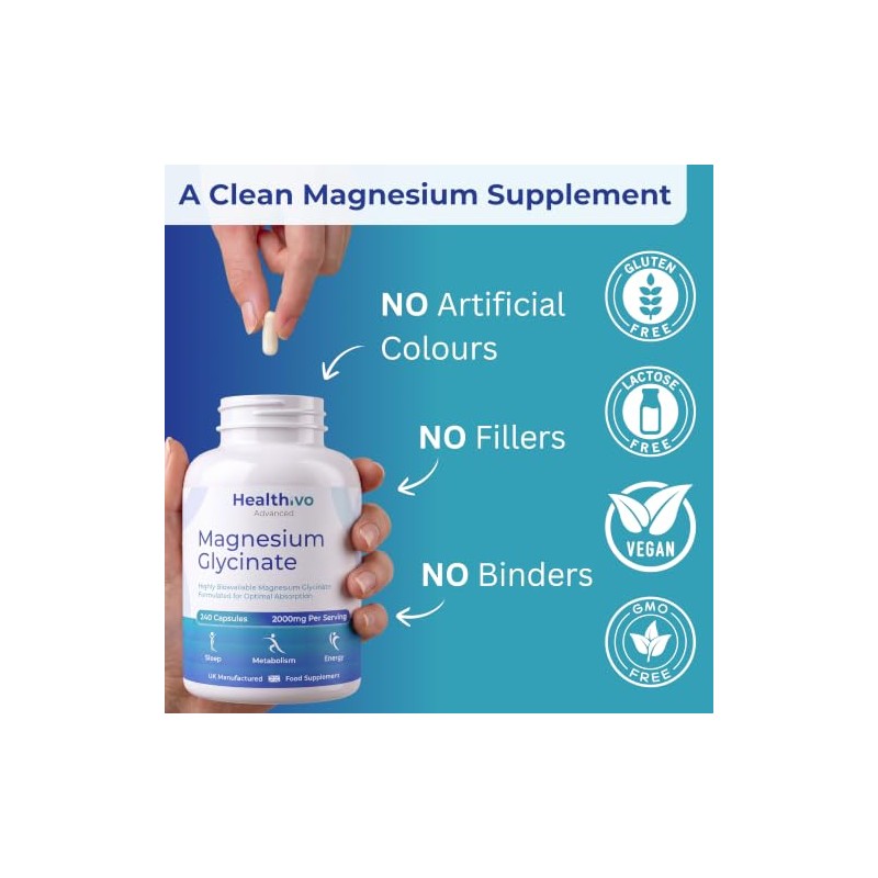 Magnesium Glycinate Capsules, 240 Capsules, 2000mg, UK Made