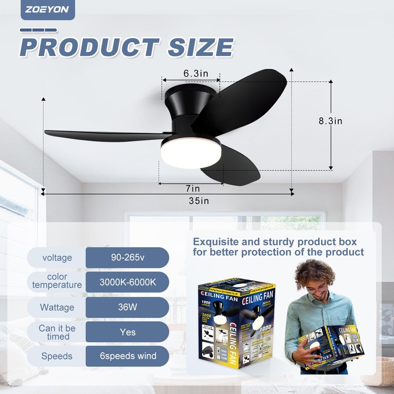 ZOEYON Small Ceiling Fan with Light - 35 Inch Flush