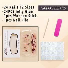 Jremg Red French Tip Press on Nails Medium Almond Fake Nails with Gold Edge Design Retro 3D Design Embossed False Nails Red Rhinestone Charm Glue on Burgundy Nails Acrylic Nails for Women Girls 24Pcs