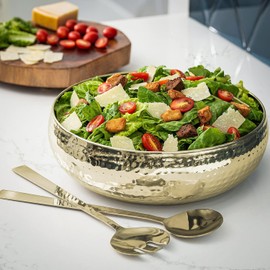 Copper Salad Bowl and Serving Utensils - Hammered Detailing - Stainless Steel Mixing Bowls with Lids- Luxurious Serving Bowls (12" Rose Gold Hammered Salad Bowl)