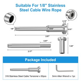 RailinGo 50Pack 1/8" Invisible Cable Railing Kit, T316 Stainless Steel Invisible Receiver and Swage Stud End for Cable Railing, Hidden Swage Tensioner for Wood&Metal Cable Post, Wire Railing Kit, RG60