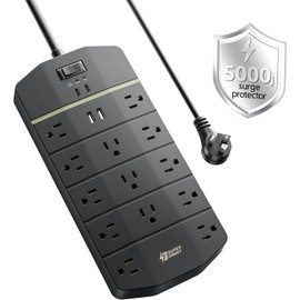 SUPERDANNY Regleta de enchufes, protector contra sobretensiones de 5000 julios con 13 tomas de CA, 2 USB-A y 2 USB-C, PD, carga rápida de 20 W, resistente, 14 AWG/3C, grado industrial, extensión de 4,