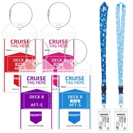 Cruise Luggage Tag Holders (4 Pack) & Lanyards (2 Pack) - Clear Waterproof ID Holders for Carnival, Royal, MSC & Princess Ships, Reusable Cruise Essentials 2025-2026 with Zip Seal & Sea-Themed Design