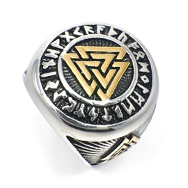 PikaLF Triple Valknut Ring With Rune Circle Symbol, Odin Symbol Rings for Men, Warriors Ring, Celtic Trinity Knot Ring, Amulet Ring, Norse Scandinavian Protection Jewelry (Y)