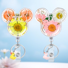 JoySolar 2 Pack Dried Flower Badge Reel Retractable - Cute Pink Yellow Mouse Retractable ID Name Card Badge Reel Holder with Alligator Clip, Nurse Office Medical Worker Student Accessories Gifts