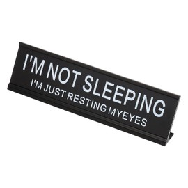 PATIKIL Funny Nameplate, 8"x2" Novelty Desk Sign Plaque Aluminum Desk Name Plate with Base for Office, Black White (I'M Not SleepingI'M Just Resting Myeyes)