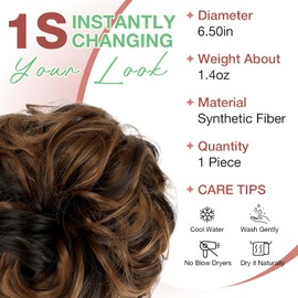 Felendy Messy Bun Hair Piece Wavy Curly Scrunchies Fluffy Donut Thick Updo Elegant Chignon Hairpieces for Women Girls, Dark Brown Mix Light Auburn 1.4oz
