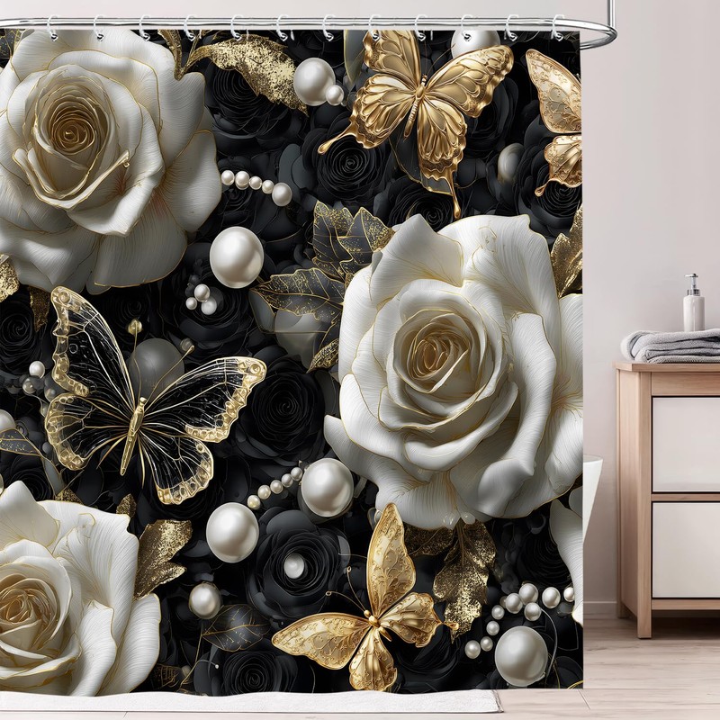 Black and Gold Luxury Aesthetic Shower Curtain, Modern Abstract Goth